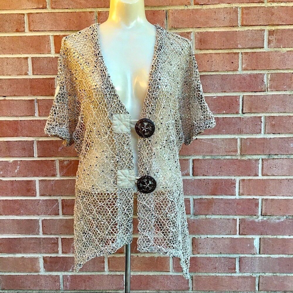 Mirror Image Open Knit Crochet Bold Button Cardi